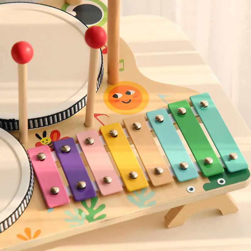 Wooden frog multi-functional drum kit educational toy, 33 x 30 x 23 cm, in a colour box