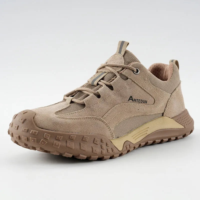 Men's khaki suede and canvas low-top safety shoes with lace-up closure and plastic steel toe for construction site use