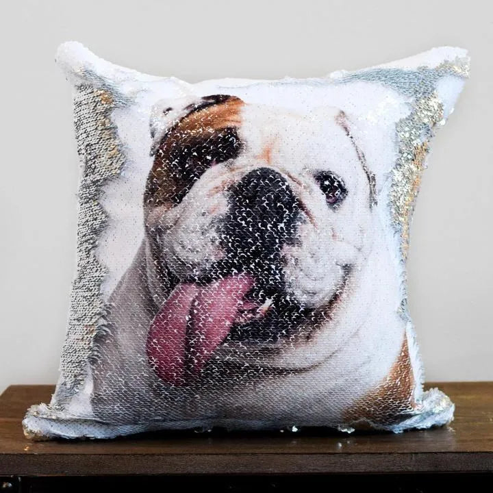Gold custom photo sequins throw pillowcase 40cm by 40cm handmade personalised gift with reversible sequin design