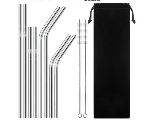 Set of four colourful reusable stainless steel straws in straight and bent styles with a cleaning brush.