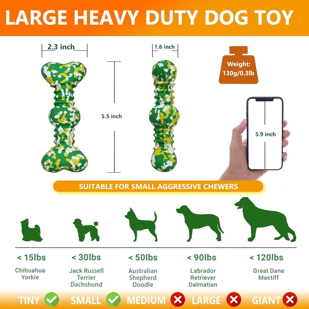 Natural rubber bone-shaped dog chew toy with camouflage pattern in two sizes for medium and large breed dogs
