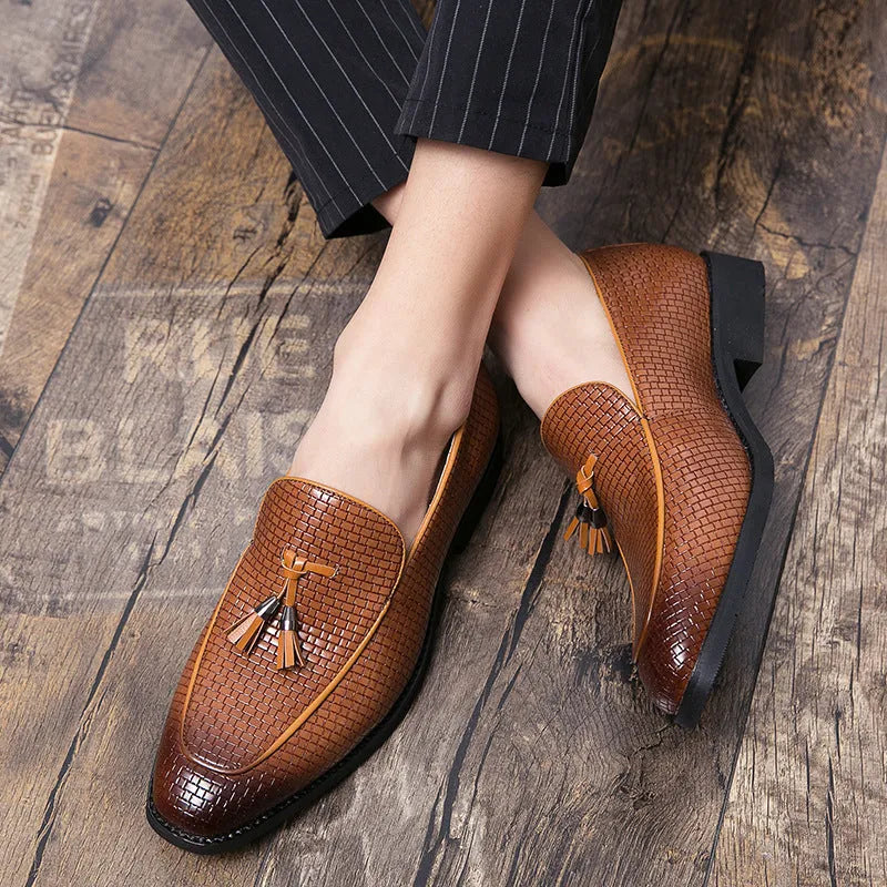 Men's black slip-on loafers with pointed toe and tassel detail, business style artificial PU shoes