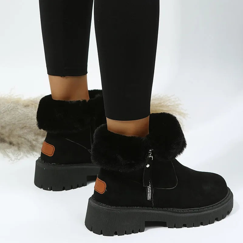 Women's high-top snow boots in black with side zip and thick plush lining