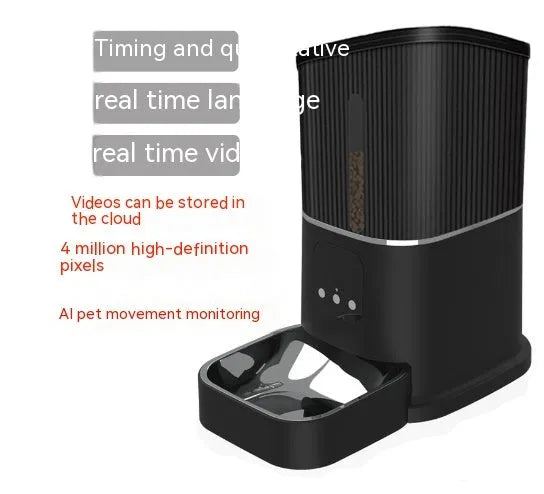 Pet remote control intelligent feeding machine with 3L capacity, ABS and 304 stainless steel, black colour, featuring real-time voice and video