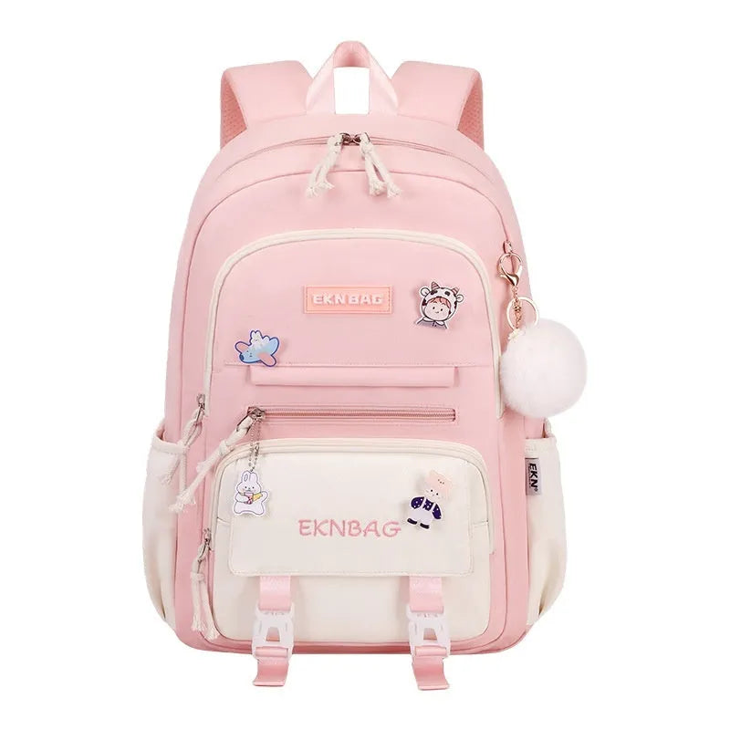 Waterproof pink Oxford cloth school backpack for girls with curved shoulder straps