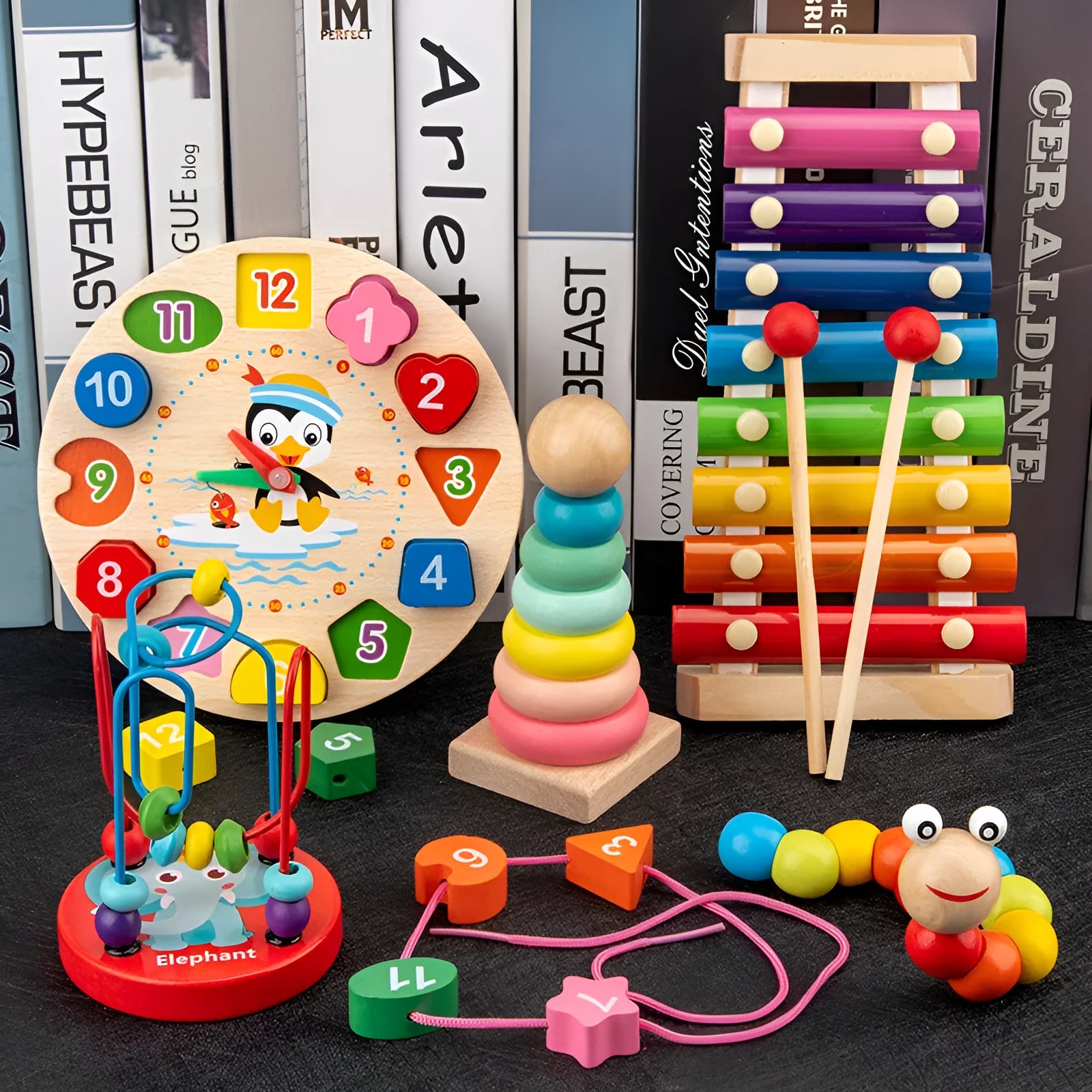 Orff wooden eight-tone piano early education toy set with rainbow tower and tangram in kraft box