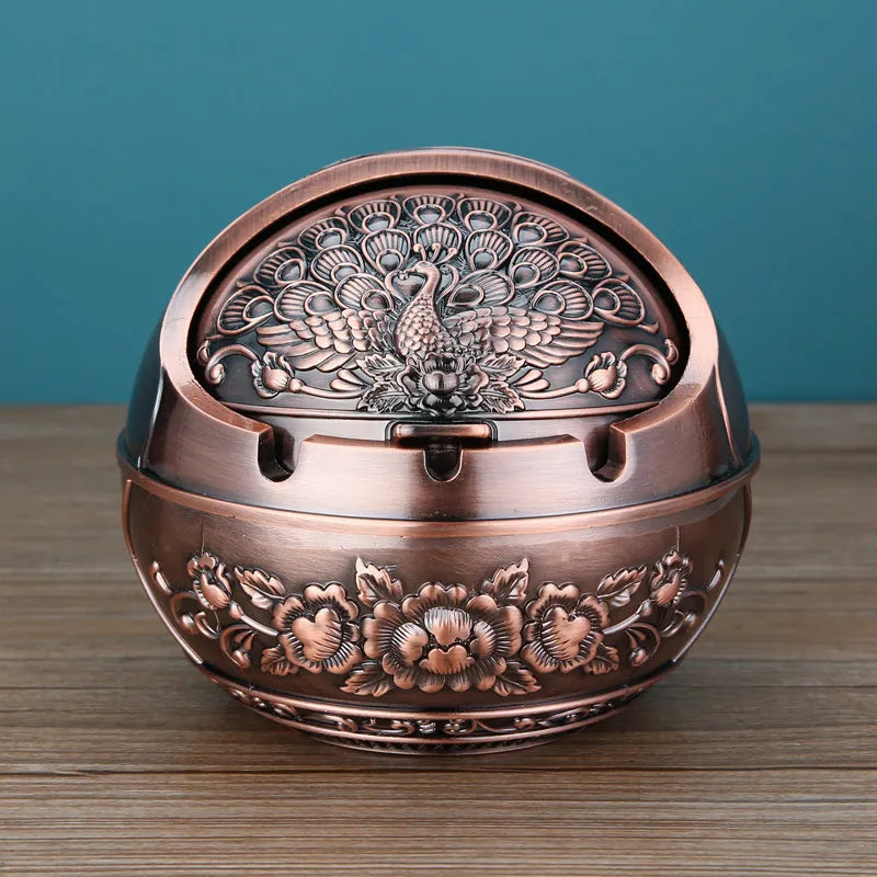 XL decorative alloy ashtray with smoke slot in bronze finish showing dragon and phoenix design