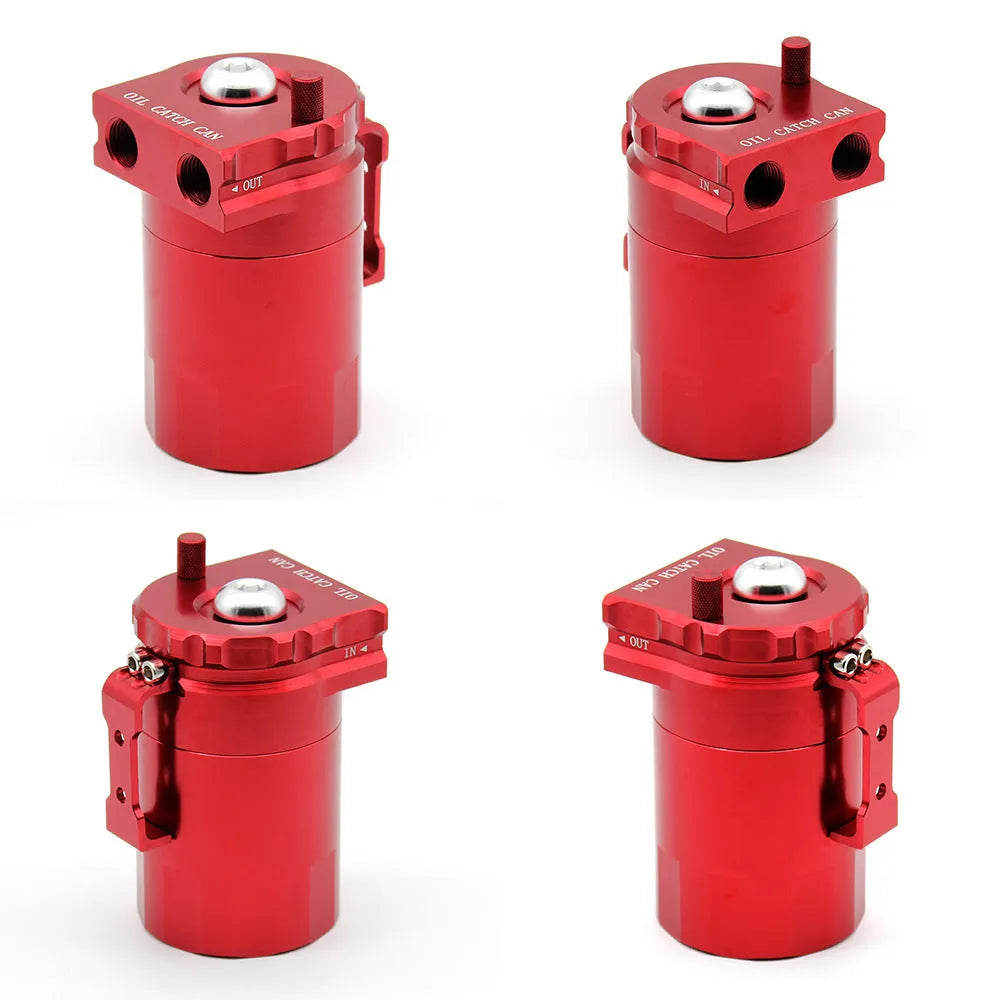 Aluminium alloy car engine oil breathable pot air filter in red, blue, black, and silver colours.