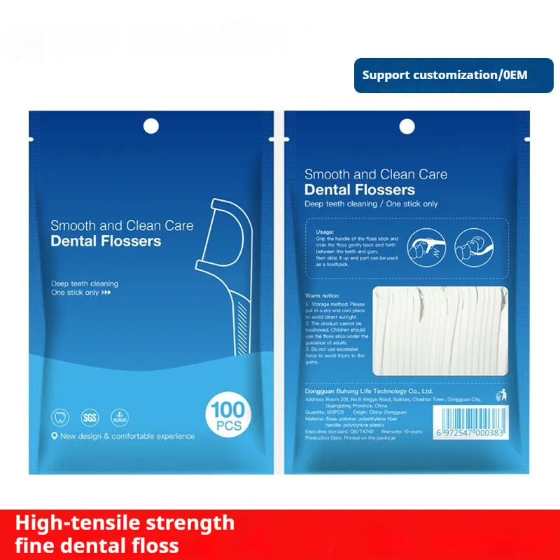 Disposable dental floss packs showing independent wrappers and bulk bag options