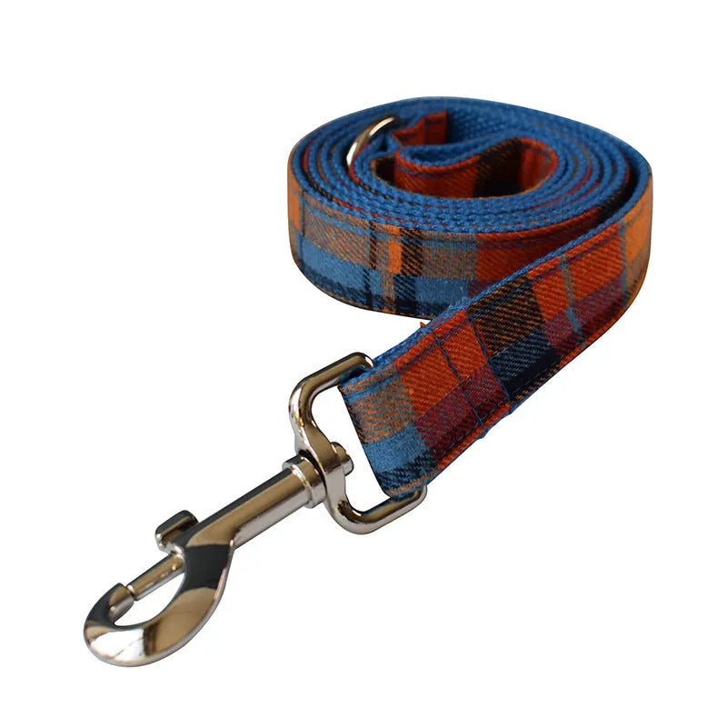 Blue background velvet plaid dog collar and leash set with a metal alloy buckle.