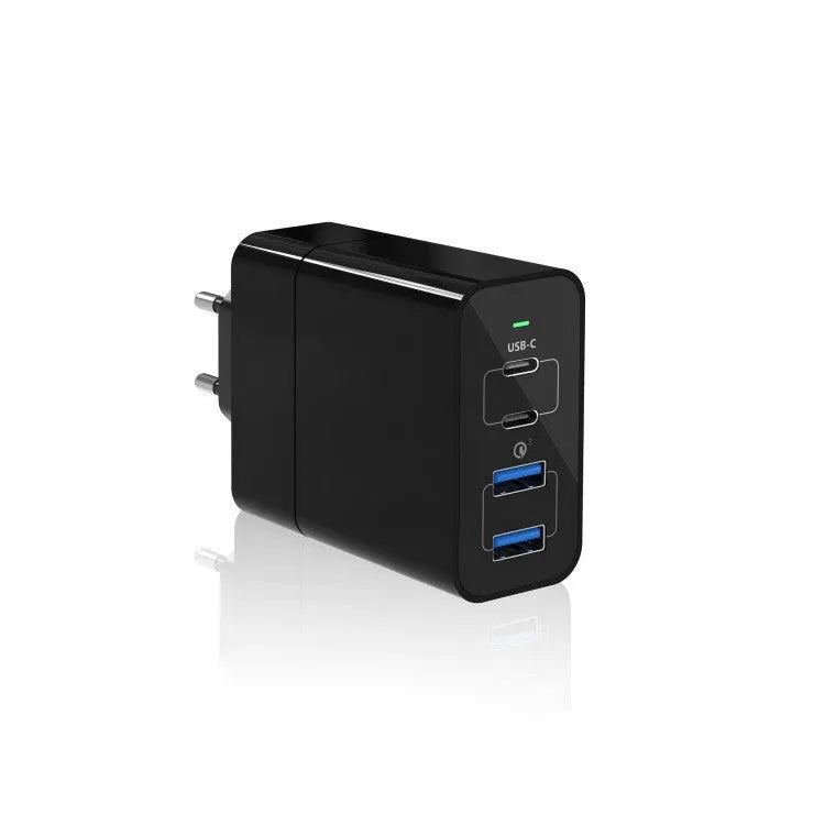Black dual port USB-C and USB-A charger with US plug, 48W total power, compact design on white background