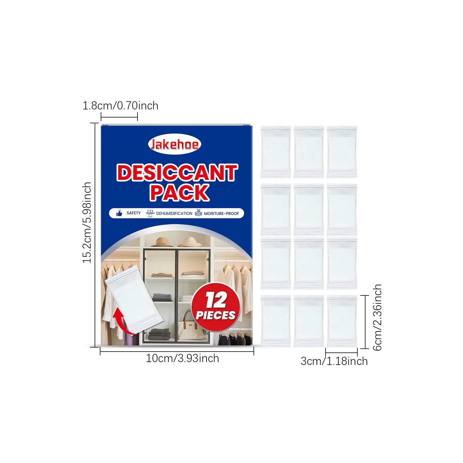Pack of 12 white calcium chloride desiccant sachets for household moisture absorption.