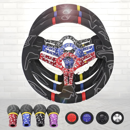 14-inch matte leather graffiti steering wheel with alloy frame, universal fit, black colour option