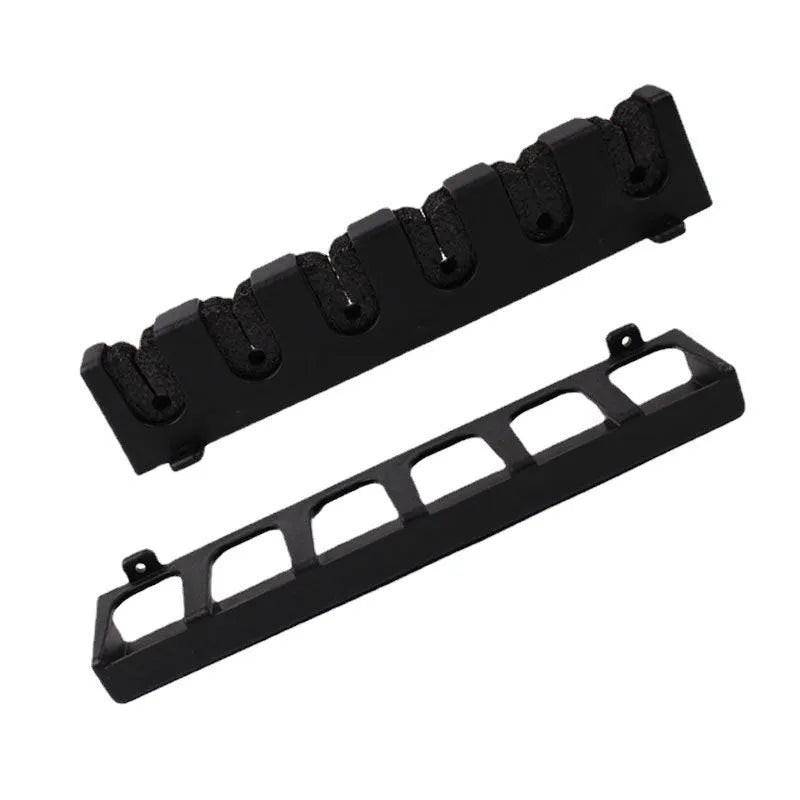 ABS plastic wall mounted fishing rod holder in black with self-tapping screws for upright or horizontal rod storage