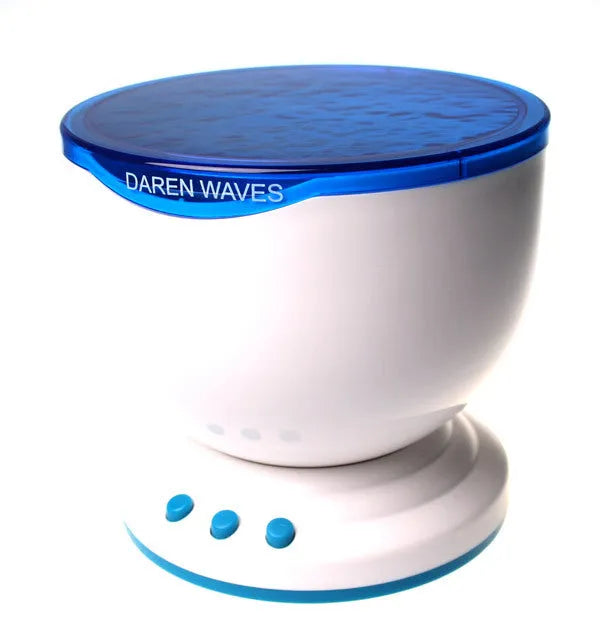 A blue ocean-themed LED projection lamp displaying a 2D oceanic scene on a wall.