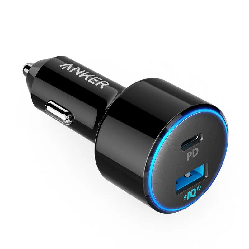High-power fast charging car charger with dual USB ports, 63x35x35mm size, for 12-24V vehicles