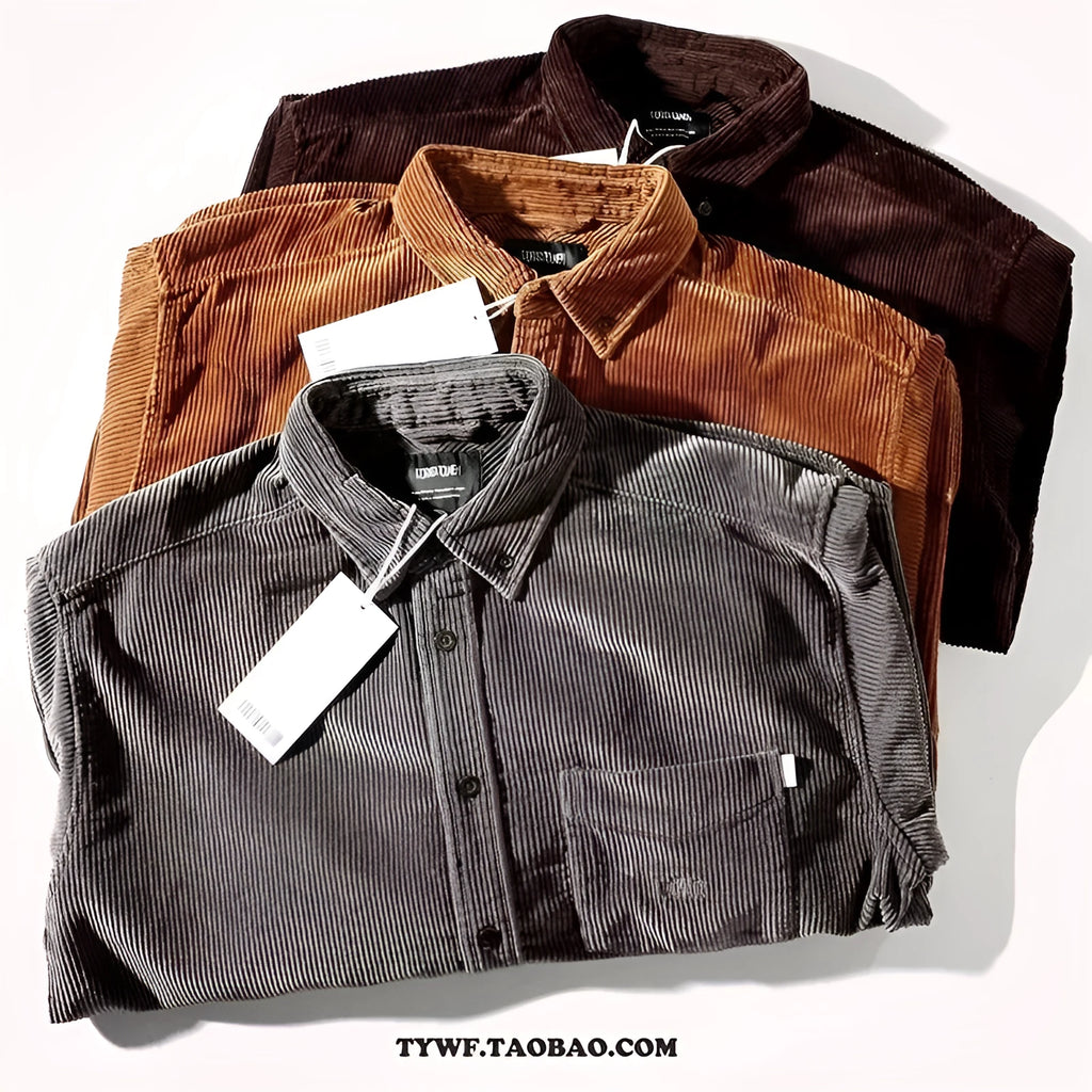 Man wearing a loose caramel corduroy long sleeve cardigan-style shirt