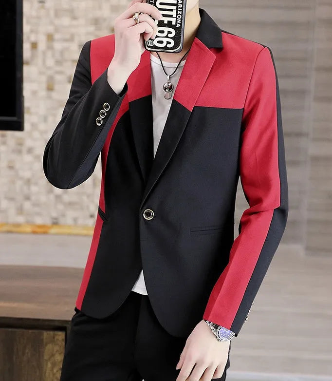 Black and red polyester single-breasted blazer for men, suit coat, full front view