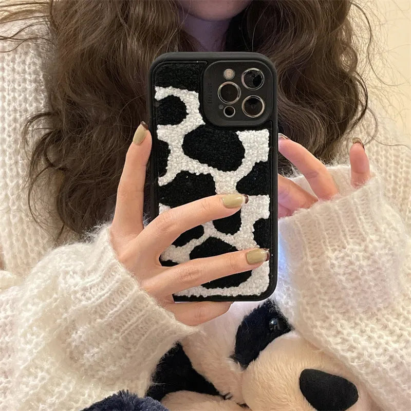 Towel embroidered black cow pattern plush back cover phone case for iPhone, Japanese Korean style