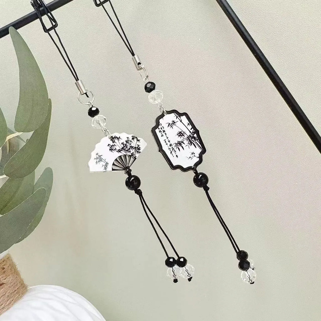 Guofeng Chinese style beaded keychain with Fan or Poetry pattern design for bag decoration.
