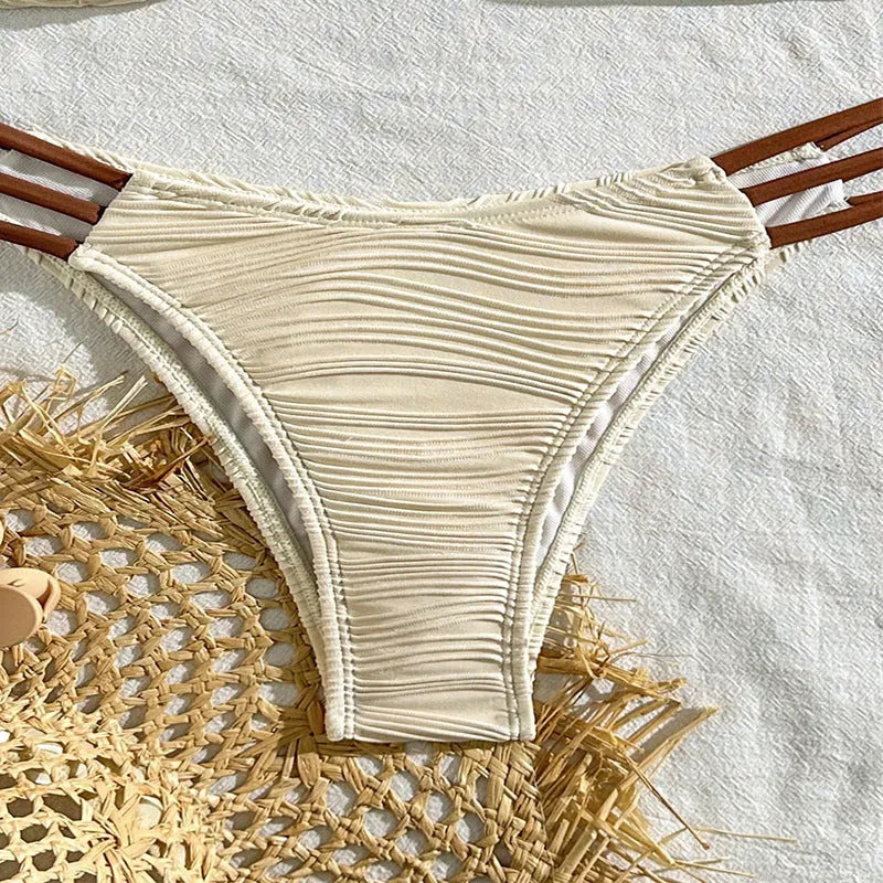 Women's three-piece striped polyester bikini set in European American style, available in five colours, sizes XS-L