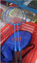 A pair of blue and red ultra-light alloy badminton rackets from a full set with a split design.