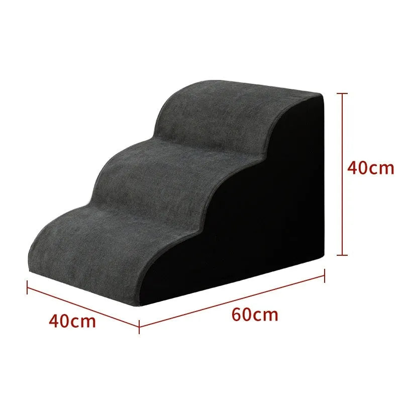 Wooden pet stairs with a removable washable cover for dogs, shown in brown, creamy white, or dark grey.