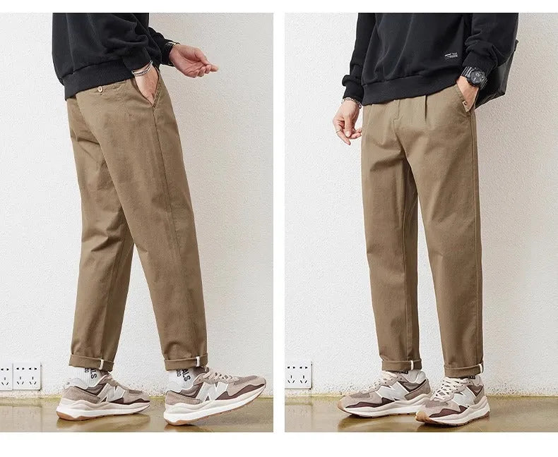 Men's loose wide-leg casual pants in dark gray, cotton and spandex blend, straight leg with zip fly