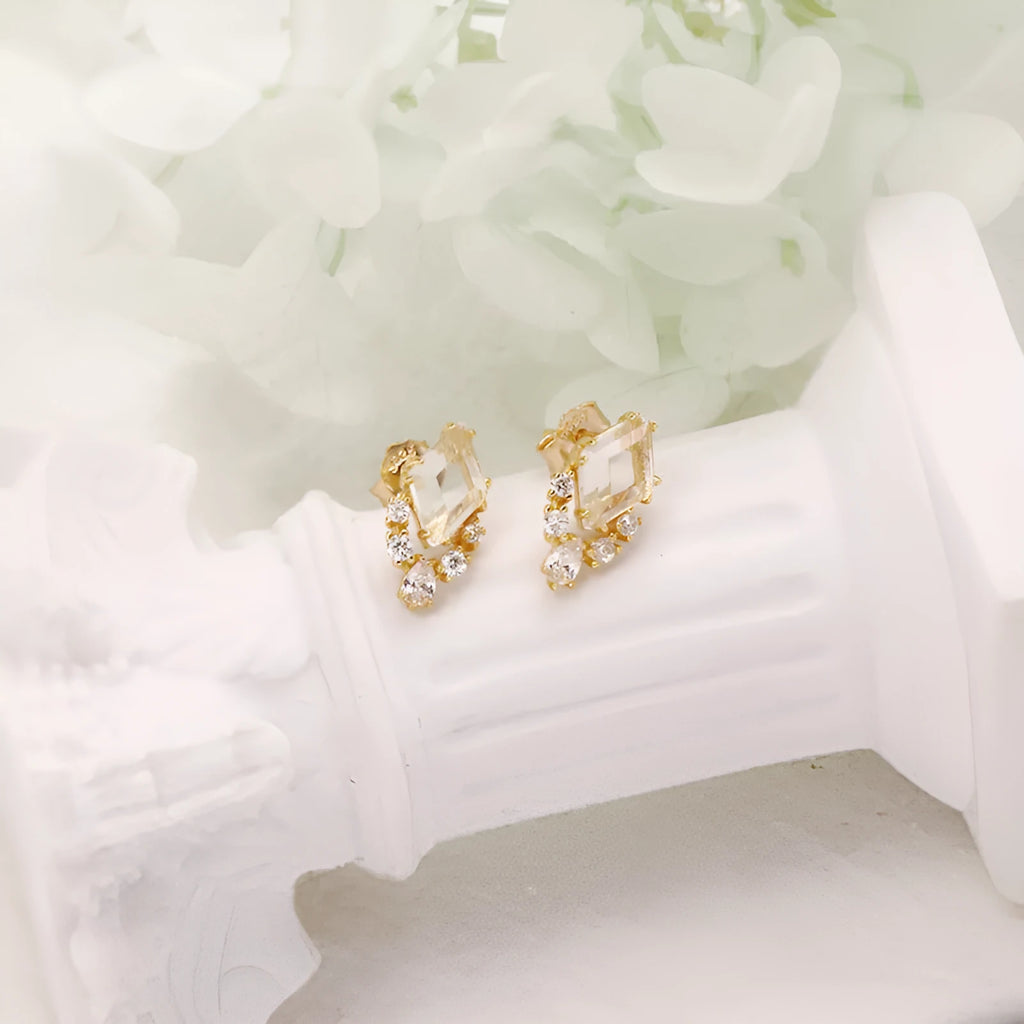 Geometric 925 sterling silver earrings with sweet white crystal accents on electroplated settings