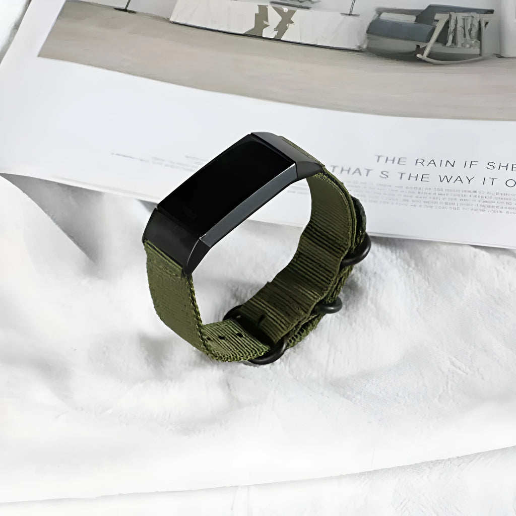 Army Green nylon replacement strap with three-ring buckle for Fitbit Charge 2, 3, 4, and 5 fitness trackers.
