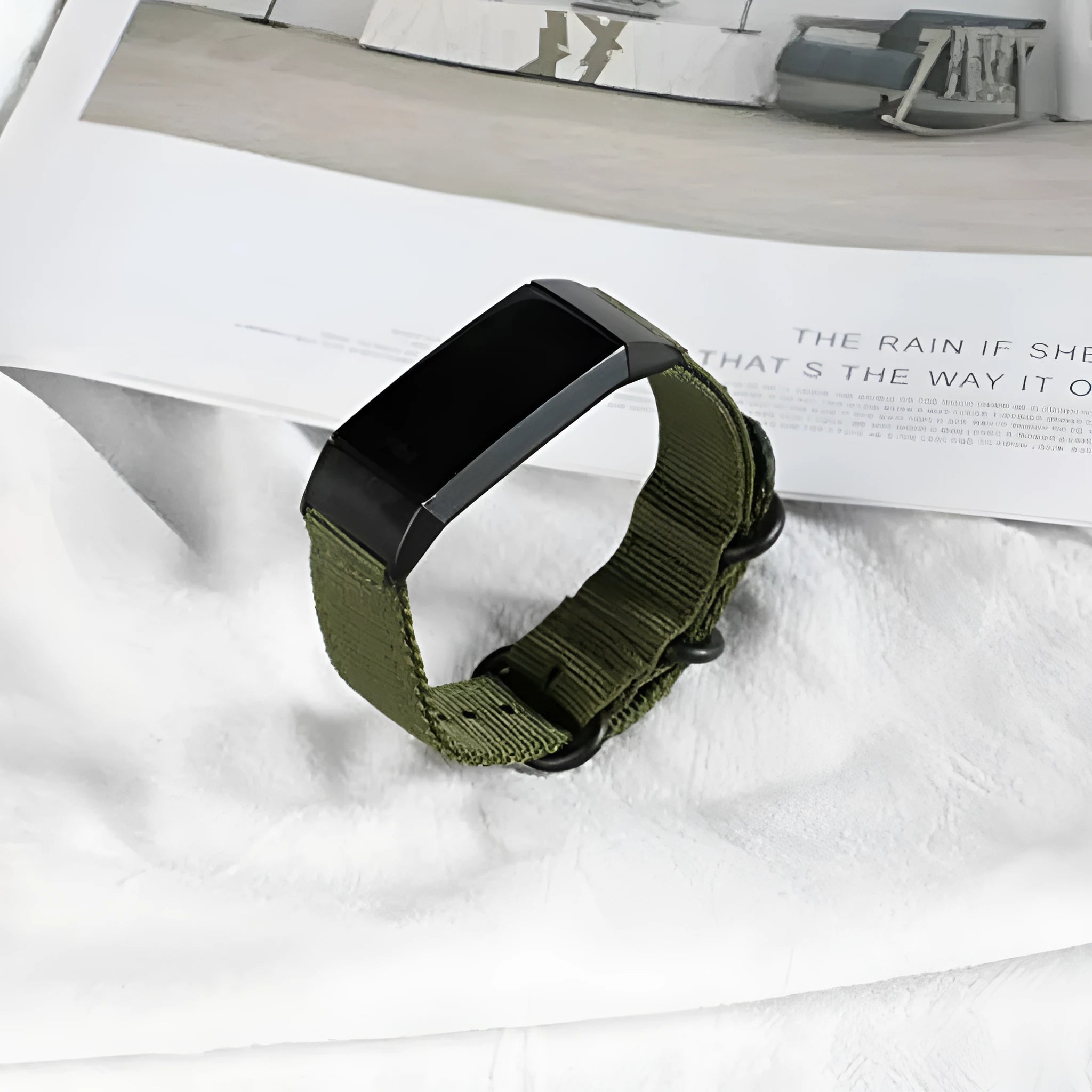 Army Green nylon replacement strap with three-ring buckle for Fitbit Charge 2, 3, 4, and 5 fitness trackers.