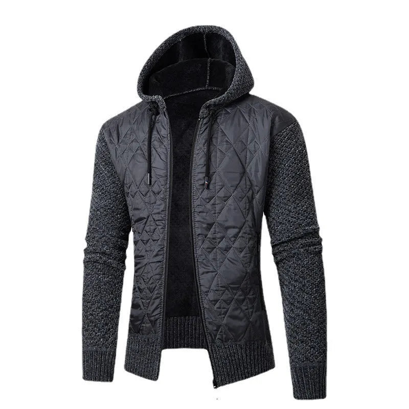Men's grey hooded corduroy coat with a cinched waist, shown on a model.