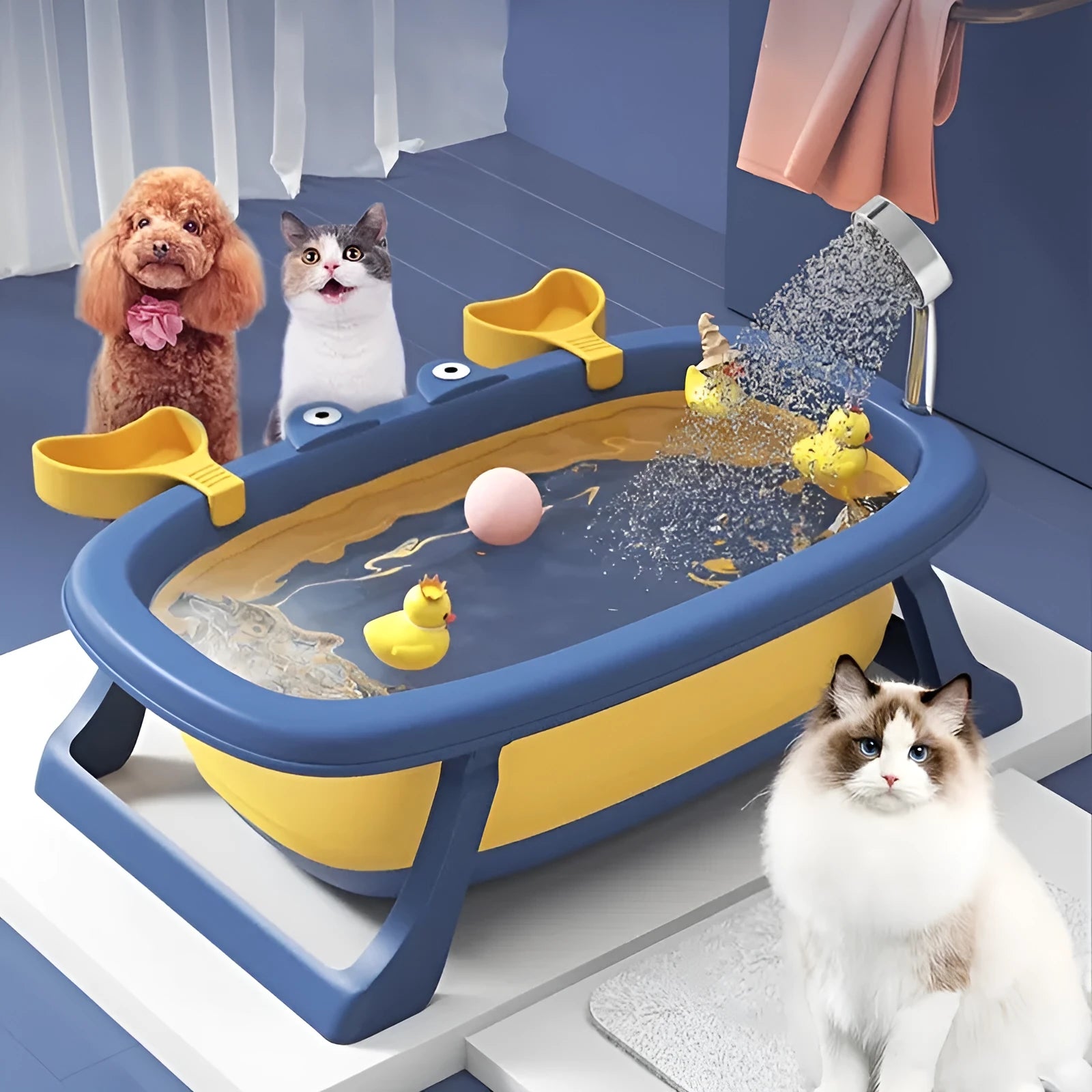 Blue foldable portable pet tub for small cats and dogs