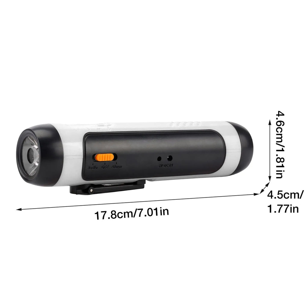 Outdoor rechargeable FM alarm flashlight in red with LED beam, ABS body, USB cable and hand crank