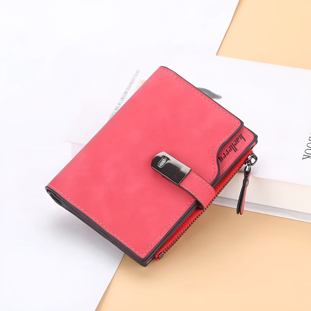 Multi-slot women's short wallet in solid colour with PU leather and stitching detail