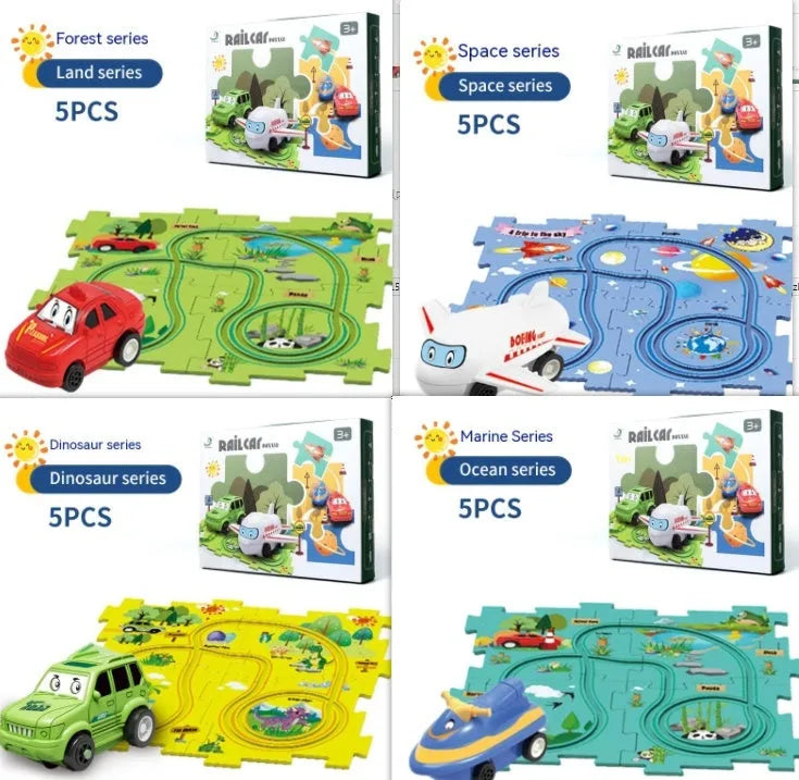 Children puzzle electric railroad speeder DIY assembly track set with automatic car and plastic pieces in multiple themes