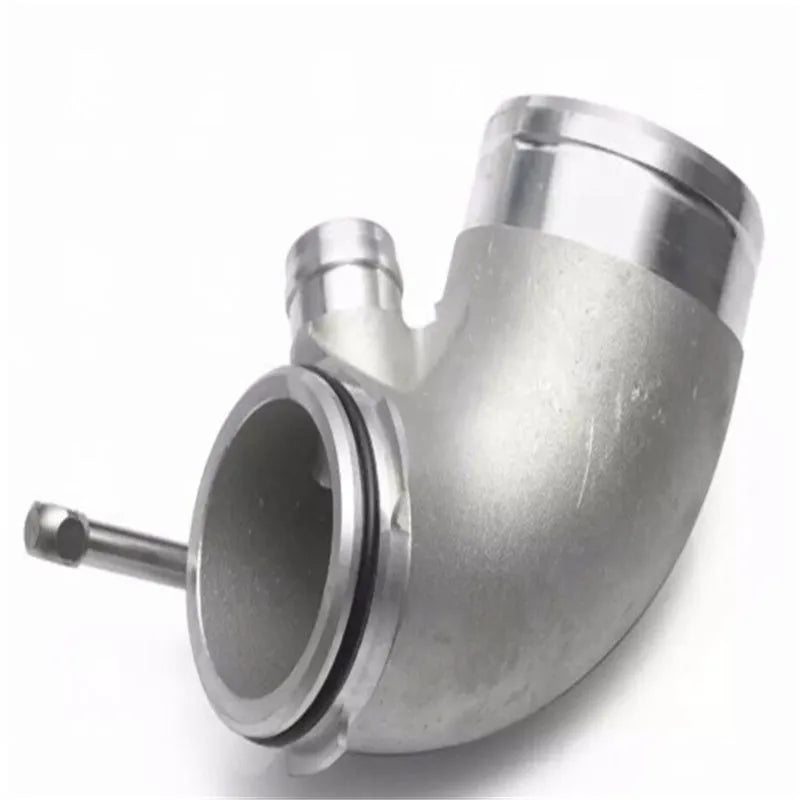 Aluminium alloy 90-degree turbocharger inlet elbow for lateral engine applications, colour as shown.