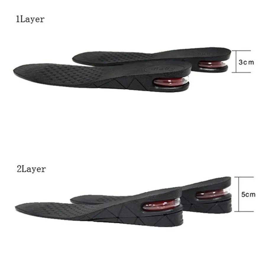 Black PVC height increase insoles with visible stacked layers, 27cm length, for men's shoe lifts