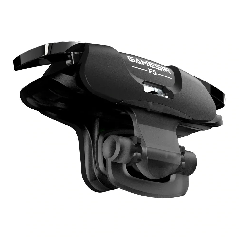 Compact black F5 Bluetooth game controller for mobile phones next to a smartphone.
