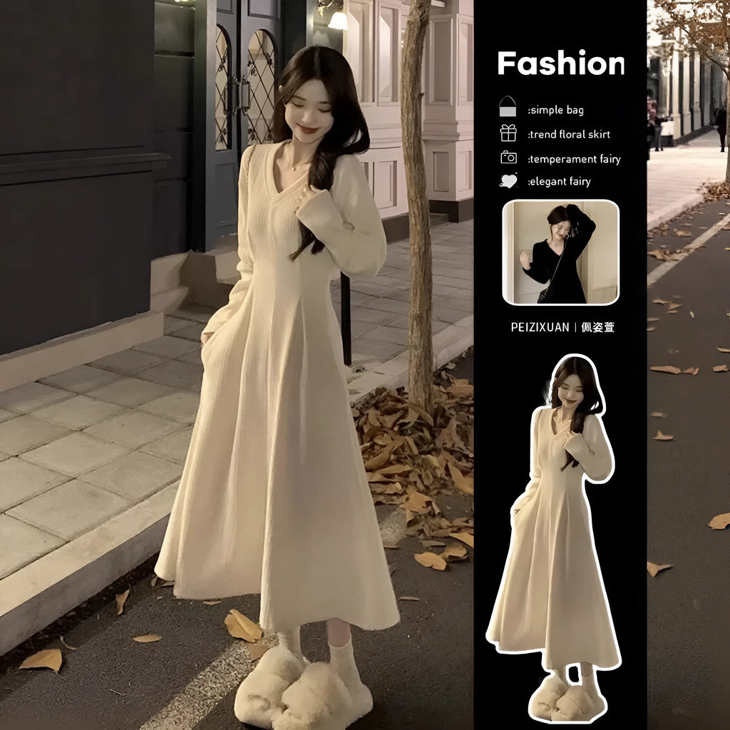 Women's V-neck knitted dress sweater in polyester with long skirt and princess sleeves