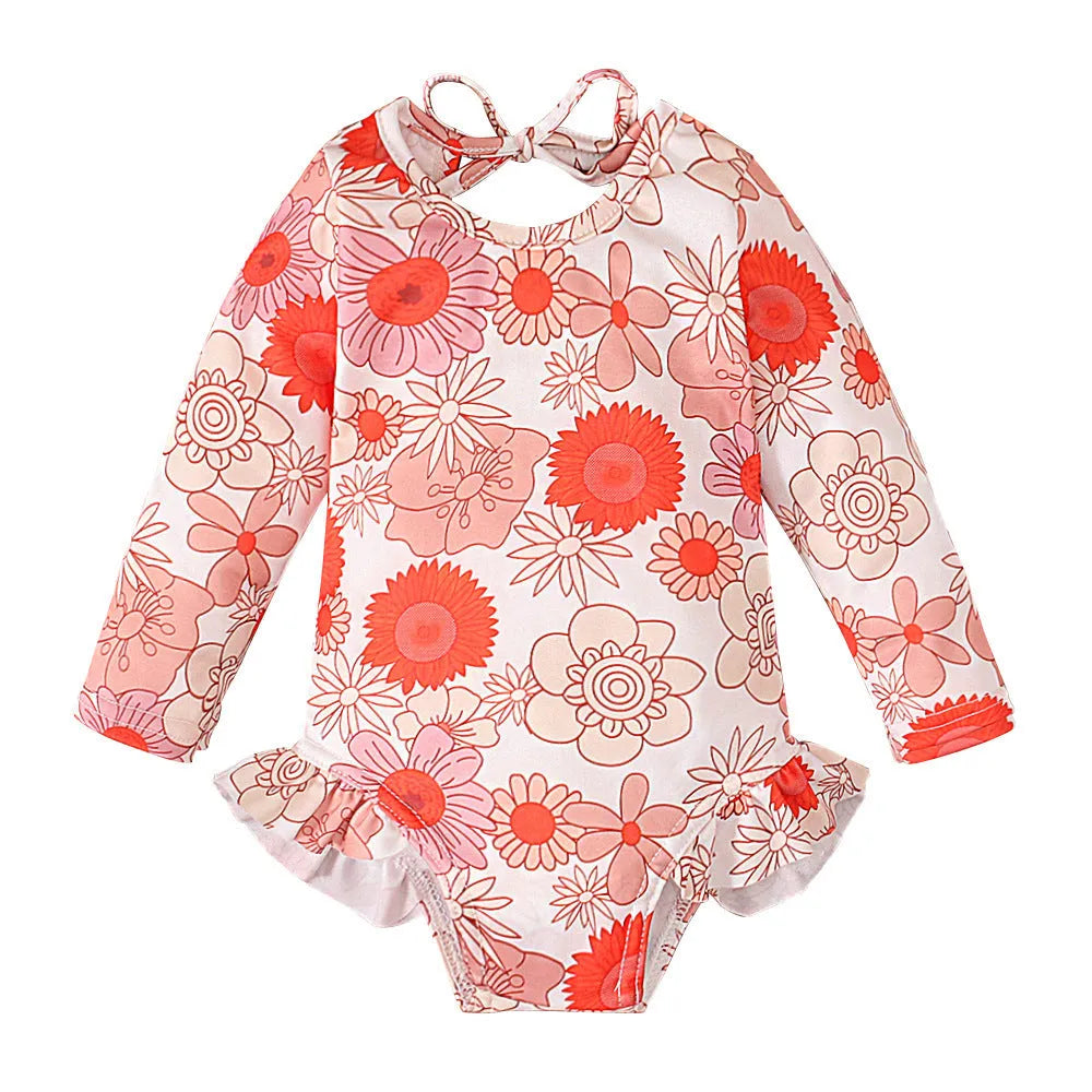Girl's pattern graphic print crew neck open back swimsuit in orange red with flower design, polyester fabric