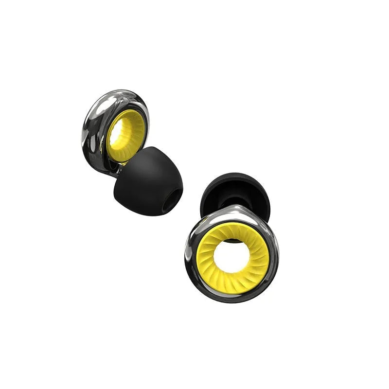 Set of silicone noise reduction earplugs in multiple colours with a storage box and spare ear caps.
