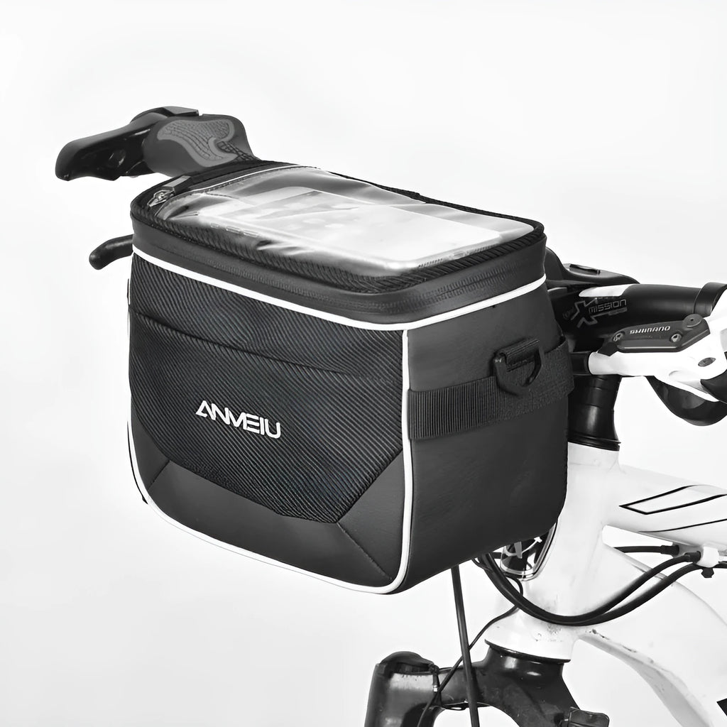 Black waterproof bicycle handlebar bag mounted on bike with folding design showing 7-inch height measurement
