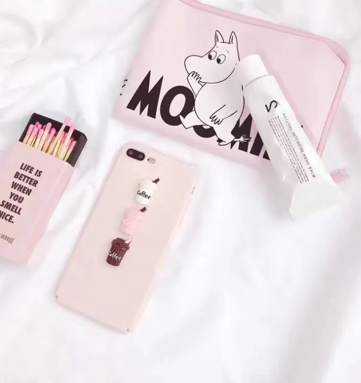 Frosted phone case with 3D milk bottle and coffee cup figures in turquoise or light pink for iPhone