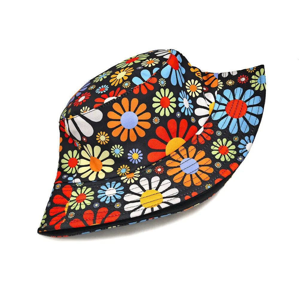 Colourful floral pattern retro bucket sun hat with a dome crown, shown on a neutral background.