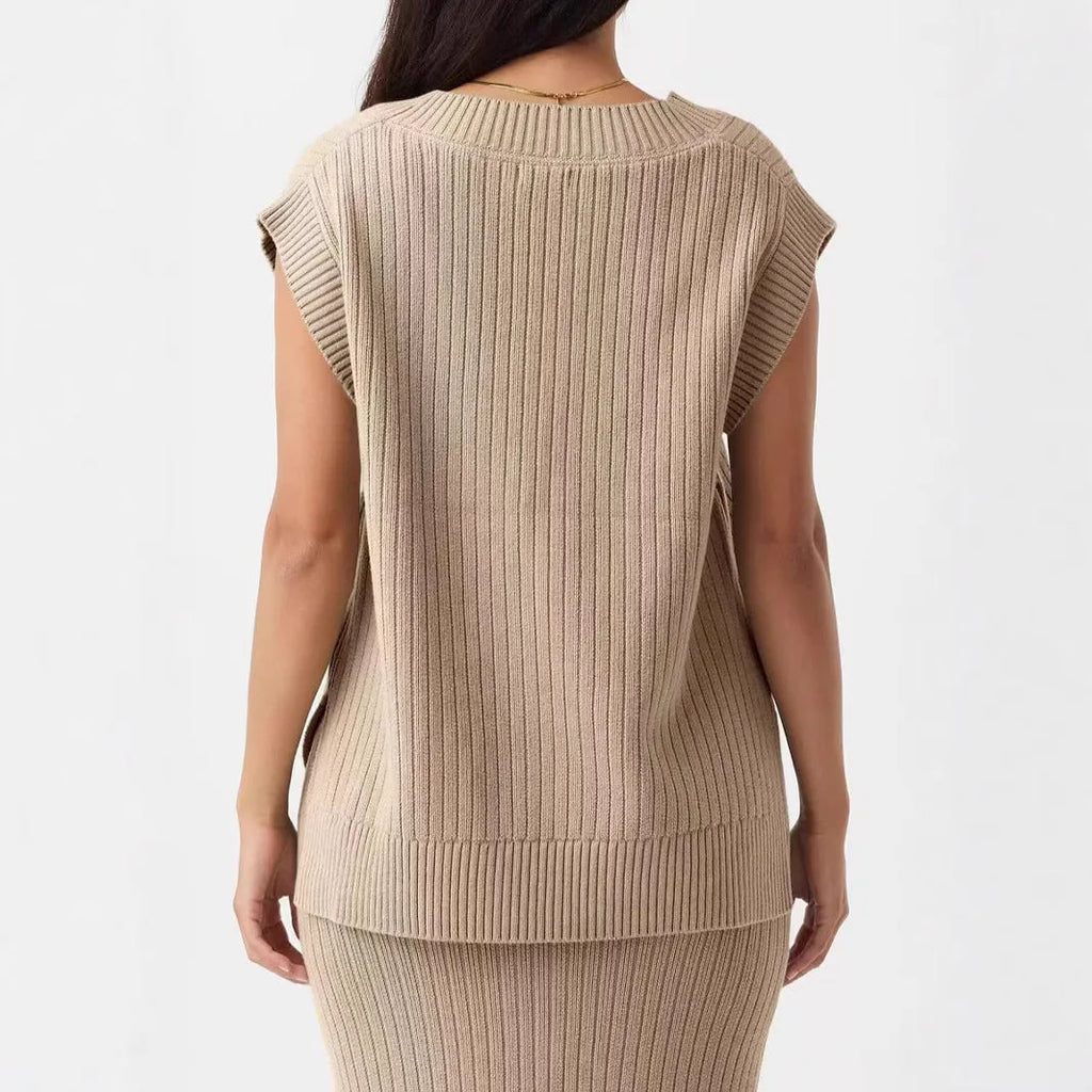 Women's V-neck sleeveless pullover vest in camel colour viscose fibre fabric