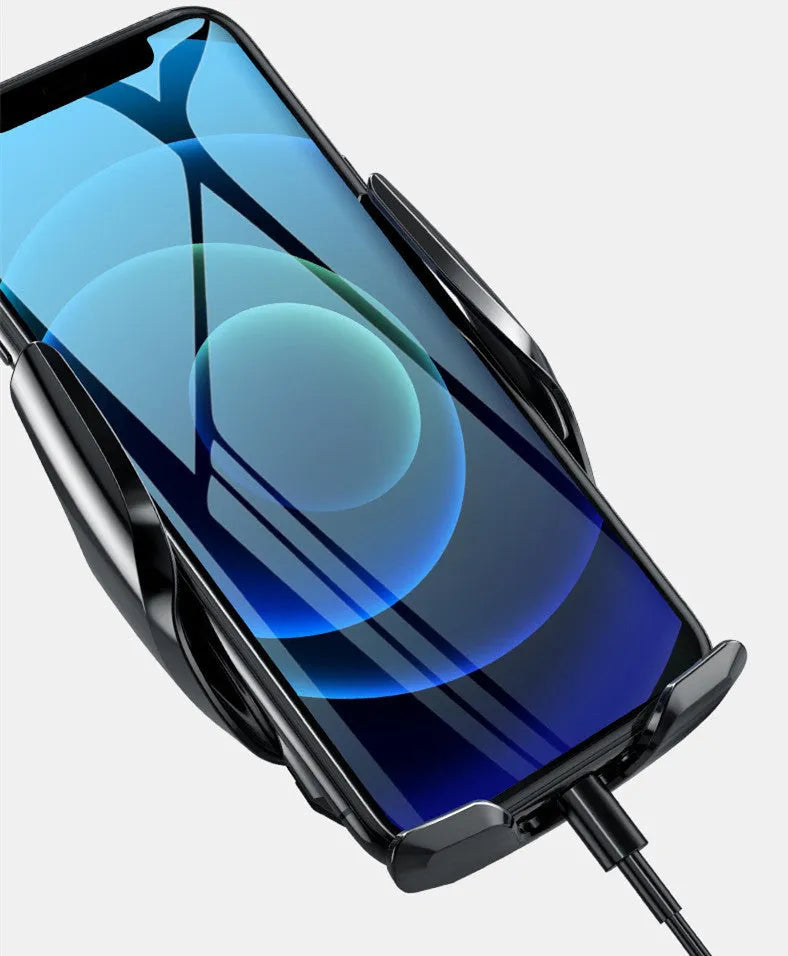 Smart infrared car wireless charger with automatic clamp in black, displaying Type-C port and indicator light