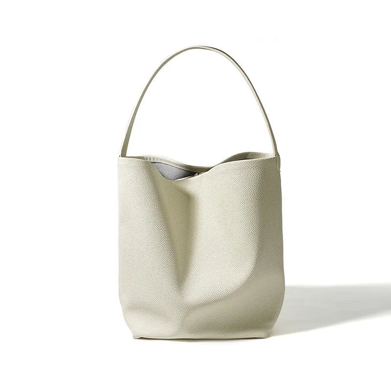 Genuine leather bucket bag for women, beige, with patchwork detailing and open outer pocket