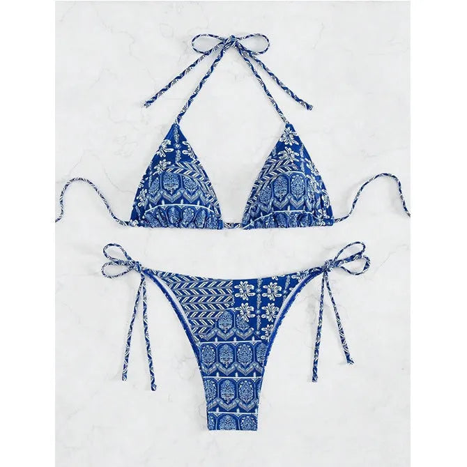 Women's bandage style split bikini swimsuit with stitching and printing details in multiple colour options