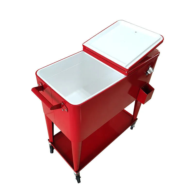 Red outdoor metal insulated catering trolley with 750ml capacity on grass